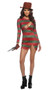 Nightmare Street Vixen costume includes printed knit striped dress featuring long sleeves, tattered hem and slashed front. Felt hat and clawed glove also included. Three piece set.