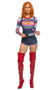 Deadly Playdate costume includes stretch denim suspender romper with striped trim, faux red buttons and criss cross straps. Striped long sleeve top with slashed cut outs and red trim also included. Two piece set.