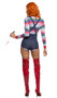 Deadly Playdate costume includes stretch denim suspender romper with striped trim, faux red buttons and criss cross straps. Striped long sleeve top with slashed cut outs and red trim also included. Two piece set.