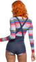 Deadly Playdate costume includes stretch denim suspender romper with striped trim, faux red buttons and criss cross straps. Striped long sleeve top with slashed cut outs and red trim also included. Two piece set.