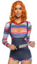 Deadly Playdate costume includes stretch denim suspender romper with striped trim, faux red buttons and criss cross straps. Striped long sleeve top with slashed cut outs and red trim also included. Two piece set.