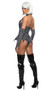 Halloween Town Babe costume includes pinstriped sleeveless romper with faux button and chain accents, tuxedo style collar and lapels, batwing cut peplum, and faux undershirt with lace trim. Matching fingerless gloves and skull bowtie also included. Three piece set.