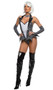 Halloween Town Babe costume includes pinstriped sleeveless romper with faux button and chain accents, tuxedo style collar and lapels, batwing cut peplum, and faux undershirt with lace trim. Matching fingerless gloves and skull bow tie also included. Three piece set.