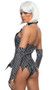 Halloween Town Babe costume includes pinstriped sleeveless romper with faux button and chain accents, tuxedo style collar and lapels, batwing cut peplum, and faux undershirt with lace trim. Matching fingerless gloves and skull bow tie also included. Three piece set.