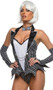 Halloween Town Babe costume includes pinstriped sleeveless romper with faux button and chain accents, tuxedo style collar and lapels, batwing cut peplum, and faux undershirt with lace trim. Matching fingerless gloves and skull bow tie also included. Three piece set.