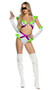 Lightyear Vixen costume includes short sleeve crop top with wing style shoulder pads, futuristic faux buttons, metallic purple straps, and back hook and eye closure. Matching high waisted shorts with flared ruffle on the leg, and matching fingerless gloves also included. Three piece set.