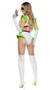 Lightyear Vixen costume includes short sleeve crop top with wing style shoulder pads, futuristic faux buttons, metallic purple straps, and back hook and eye closure. Matching high waisted shorts with flared ruffle on the leg, and matching fingerless gloves also included. Three piece set.