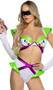 Lightyear Vixen costume includes short sleeve crop top with wing style shoulder pads, futuristic faux buttons, metallic purple straps, and back hook and eye closure. Matching high waisted shorts with flared ruffle on the leg, and matching fingerless gloves also included. Three piece set.