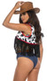 Western Story Playmate costume includes sleeveless romper with faux denim bottom, plaid printed top, V neckline and front zipper closure. Cow print cropped vest with fringe, belt with adjustable buckle closure and bandana also included. Four piece set.