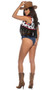 Western Story Playmate costume includes sleeveless romper with faux denim bottom, plaid printed top, V neckline and front zipper closure. Cow print cropped vest with fringe, belt with adjustable buckle closure and bandana also included. Four piece set.