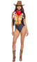 Western Story Playmate costume includes sleeveless romper with faux denim bottom, plaid printed top, V neckline and front zipper closure. Cow print cropped vest with fringe, belt with adjustable buckle closure and bandana also included. Four piece set.