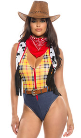 Western Story Playmate costume includes sleeveless romper with faux denim bottom, plaid printed top, V neckline and front zipper closure. Cow print cropped vest with fringe, belt with adjustable buckle closure and bandana also included. Four piece set.