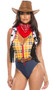 Western Story Playmate costume includes sleeveless romper with faux denim bottom, plaid printed top, V neckline and front zipper closure. Cow print cropped vest with fringe, belt with adjustable buckle closure and bandana also included. Four piece set.