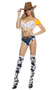 Playful Story Cowgirl costume includes off the shoulder crop top featuring swirl design, ruffled trim, cap sleeves and tie front. Faux denim shorts feature cow print trim and belt loops. Adjustable belt with sheriff star buckle also included. Three piece set.
