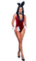 Playboy Smoking Lounge Bunny costume includes sleeveless velvet bodysuit featuring satin lapel, halter style neck with plunging V neckline, decorative front pockets and snap crotch closure. Satin bunny ears, collar, bowtie, cuffs, cufflinks, ribbon and tail also included. Eight piece set.