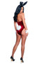 Playboy Smoking Lounge Bunny costume includes sleeveless velvet bodysuit featuring satin lapel, halter style neck with plunging V neckline, decorative front pockets and snap crotch closure. Satin bunny ears, collar, bowtie, cuffs, cufflinks, ribbon and tail also included. Eight piece set.