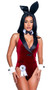 Playboy Smoking Lounge Bunny costume includes sleeveless velvet bodysuit featuring satin lapel, halter style neck with plunging V neckline, decorative front pockets and snap crotch closure. Satin bunny ears, collar, bowtie, cuffs, cufflinks, ribbon and tail also included. Eight piece set.