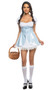 Kansas Sweetheart costume includes knit mini dress with ruffle trim, short puff sleeves, and gingham printed overlay with lace up front and back zipper closure.