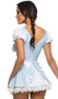 Kansas Sweetheart costume includes knit mini dress with ruffle trim, short puff sleeves, and gingham printed overlay with lace up front and back zipper closure.