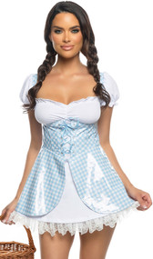 Kansas Sweetheart costume includes knit mini dress with ruffle trim, short puff sleeves, and gingham printed overlay with lace up front and back zipper closure.