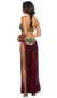 Far Off Galaxy Princess costume includes velvet bra top with metallic gold trim and back swan hook closure and matching maxi skirt with open sides. Collar with attached chain and wrist cuffs also included. Three piece set.