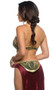 Far Off Galaxy Princess costume includes velvet bra top with metallic gold trim and back swan hook closure and matching maxi skirt with open sides. Collar with attached chain and wrist cuffs also included. Three piece set.