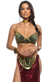 Far Off Galaxy Princess costume includes velvet bra top with metallic gold trim and back swan hook closure and matching maxi skirt with open sides. Collar with attached chain and wrist cuffs also included. Three piece set.