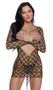 Sheer mesh cover up features Playboy bunny logo print, plunging neckline open front, open back with upper tie closure, and adjustable drawstring ties on skirt.