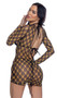 Sheer mesh cover up features Playboy bunny logo print, plunging neckline open front, open back with upper tie closure, and adjustable drawstring ties on skirt.