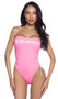 Bunny World strapless spandex swimsuit features Playboy Bunny logo print, adjustable ties at the sides, detachable and adjustable clear shoulder straps, high cut, thong back with cotton gusset, and keyhole back with adjustable hook and eye closure.