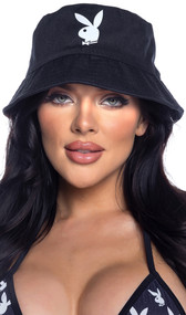 Bucket hat features Playboy bunny screen print logo on woven twill fabric.