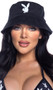 Bucket hat features Playboy bunny screen print logo on woven twill fabric.
