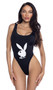 Bunny Icon spandex swimsuit features Playboy bunny logo screen print, wide shoulder straps, high cut, and thong back with cotton gusset.