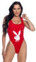 Bunny Icon spandex swimsuit features Playboy bunny logo screen print, wide shoulder straps, high cut, and thong back with cotton gusset.
