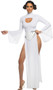 Far Off Galaxy Heroine costume includes knit maxi gown dress featuring long bell sleeves, open sides, keyhole front cut out, and mock neck with back closure. Metallic belt with back closure also included. Two piece set.