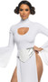 Far Off Galaxy Heroine costume includes knit maxi gown dress featuring long bell sleeves, open sides, keyhole front cut out, and mock neck with back closure. Metallic belt with back closure also included. Two piece set.