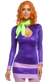 Mystery Diva costume includes long sleeve spandex dress with keyhole front, striped hem and back closure. Knit neck scarf with tie closure also included. Two piece set. Wig and hosiery sold separately,