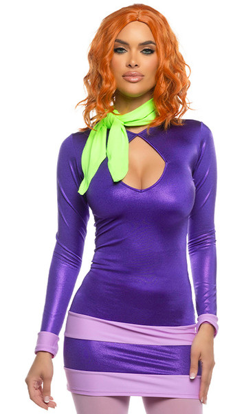 Mystery Diva costume includes long sleeve spandex dress with keyhole front, striped hem and back closure. Knit neck scarf with tie closure also included. Two piece set. Wig and hosiery sold separately,