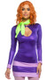 Mystery Diva costume includes long sleeve spandex dress with keyhole front, striped hem and back closure. Knit neck scarf with tie closure also included. Two piece set. Wig and hosiery sold separately,