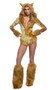 Lusty Lioness costume incudes panne velvet bodysuit featuring faux fur trim, long sleeves, attached hood with cat ears, tail, and deep V neckline with front zipper closure. One piece.