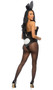 Legal Playboy Bunny costume includes strapless satin bustier featuring front lace panel, marabou trim, underwire cups, boning and back zipper closure. Matching shorts, bunny ears, ribbon and tail also included. Five piece set.