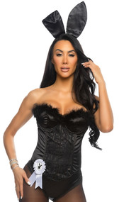 Legal Playboy Bunny costume includes strapless satin bustier featuring front lace panel, marabou trim, underwire cups, boning and back zipper closure. Matching shorts, bunny ears, ribbon and tail also included. Five piece set.