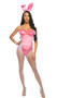 Legal Playboy Bunny costume includes strapless satin bustier featuring front lace panel, marabou trim, underwire cups, boning and back zipper closure. Matching shorts, bunny ears, ribbon and tail also included. Five piece set.