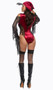 Treasure Chest Tease pirate costume includes panne velvet bodysuit featuring skull and crossbones print fishnet with eye cut outs, cold shoulder long sleeves with flared wrists, and contrast metallic trim. Matching head scarf and plastic toy sword also included. Three piece set.