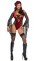 Treasure Chest Tease pirate costume includes panne velvet bodysuit featuring skull and crossbones print fishnet with eye cut outs, cold shoulder long sleeves with flared wrists, and contrast metallic trim. Matching head scarf and plastic toy sword also included. Three piece set.