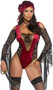 Treasure Chest Tease pirate costume includes panne velvet bodysuit featuring skull and crossbones print fishnet with eye cut outs, cold shoulder long sleeves with flared wrists, and contrast metallic trim. Matching head scarf and plastic toy sword also included. Three piece set.