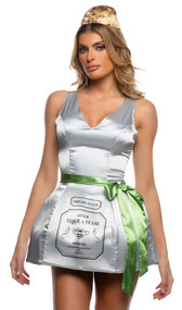 Tequila Tease costume includes satin sleeveless dress featuring bottle print, bee graphic, V neckline and wide shoulder straps. Sash and cork printed headpiece also included. Three piece set.