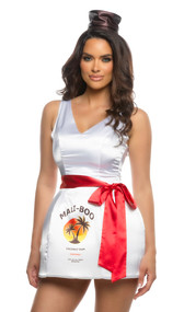 Mali Boo Rum Babe costume includes sleeveless satin mini dress with bottle print, palm tree graphic, V neckline and wide shoulder straps. Sash and cap style headpiece also included. Three piece set.
