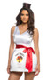 Mali Boo Rum Babe costume includes sleeveless satin mini dress with bottle print, palm tree graphic, V neckline and wide shoulder straps. Sash and cap style headpiece also included. Three piece set.