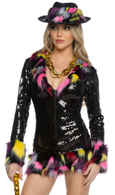 Flirty Pimp Babe costume includes long sleeve black sequin mini dress featuring multicolor animal print faux fur trim, long sleeves, V neckline and zipper front closure. Matching fedora style hat also included. Two piece set.